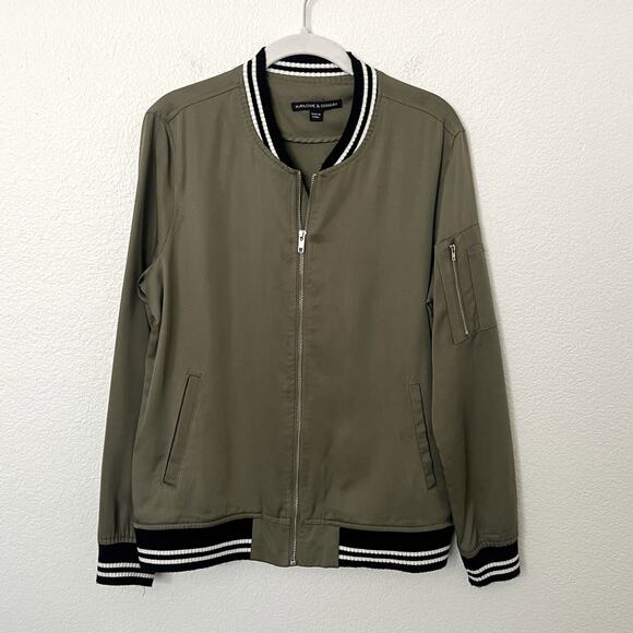 [Harlowe & Graham] Olive Green Striped Cuff Zip Up Bomber Jacket Size Medium M - Picture 1 of 11